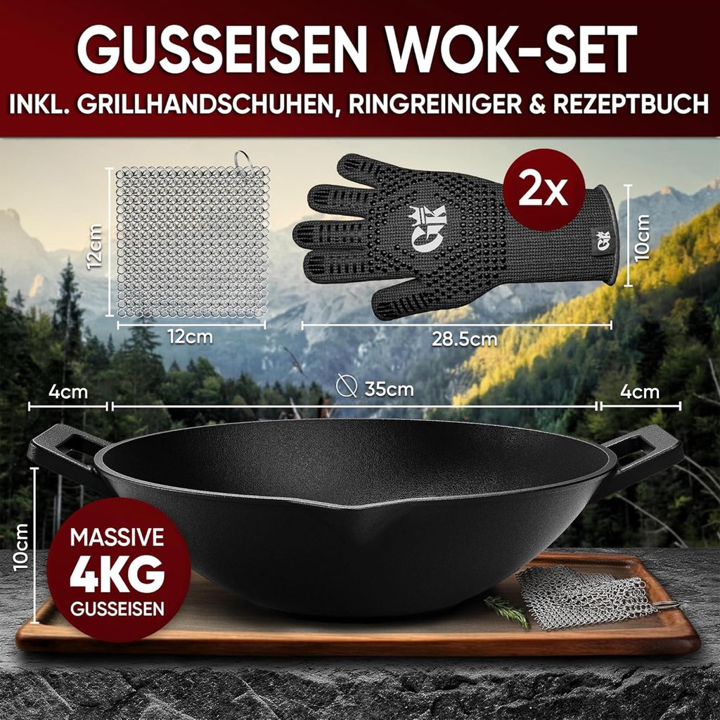 Poêle Wok Fonte 36 Cm Gusskönig - Induction Gaz & Four - Avec Accessoires Complets