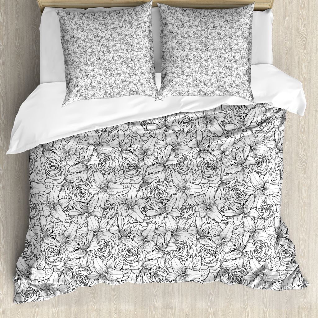 ABAKUHAUS Grau und Weiß Bettbezug, Botanischer Poppy, Milbensicher Allergiker geeignet mit Kissenbezügen, 155 cm x 220 cm - 80 x 80 cm, Schwarz-W...