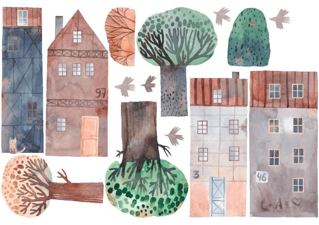 Vorgekleisterte Vliestapete mit großformatigen Wandbildern – KINDER-AQUARELLHÄUSER – 90 x 135 cm