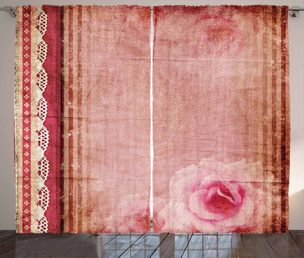 ABAKUHAUS Shabby Chic Rustikaler Gardine, Vintage Rahmen Rosen, Schlafzimmer Kräuselband Vorhang mit Schlaufen und Haken, 280 x 225 cm, Mehrfarbig