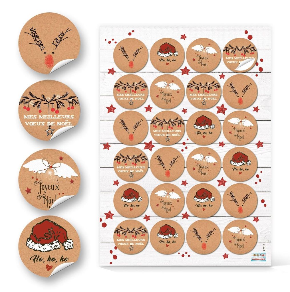 96 WeihnachtsaufkleberJoyeux Noël/Joyeuses Fêtes - Weihnachtsgrüße französisch Ø 4 cm Kraftpapier-Optik