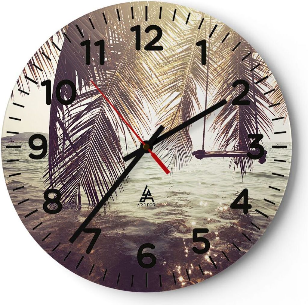 Wanduhr - Rund - Glasuhr - Meer Palme Wasser - 30x30cm - Schleichendes Uhrwerk - Lautlos - zum Aufhängen bereit - Dekoration Modern - Wanddekorati...