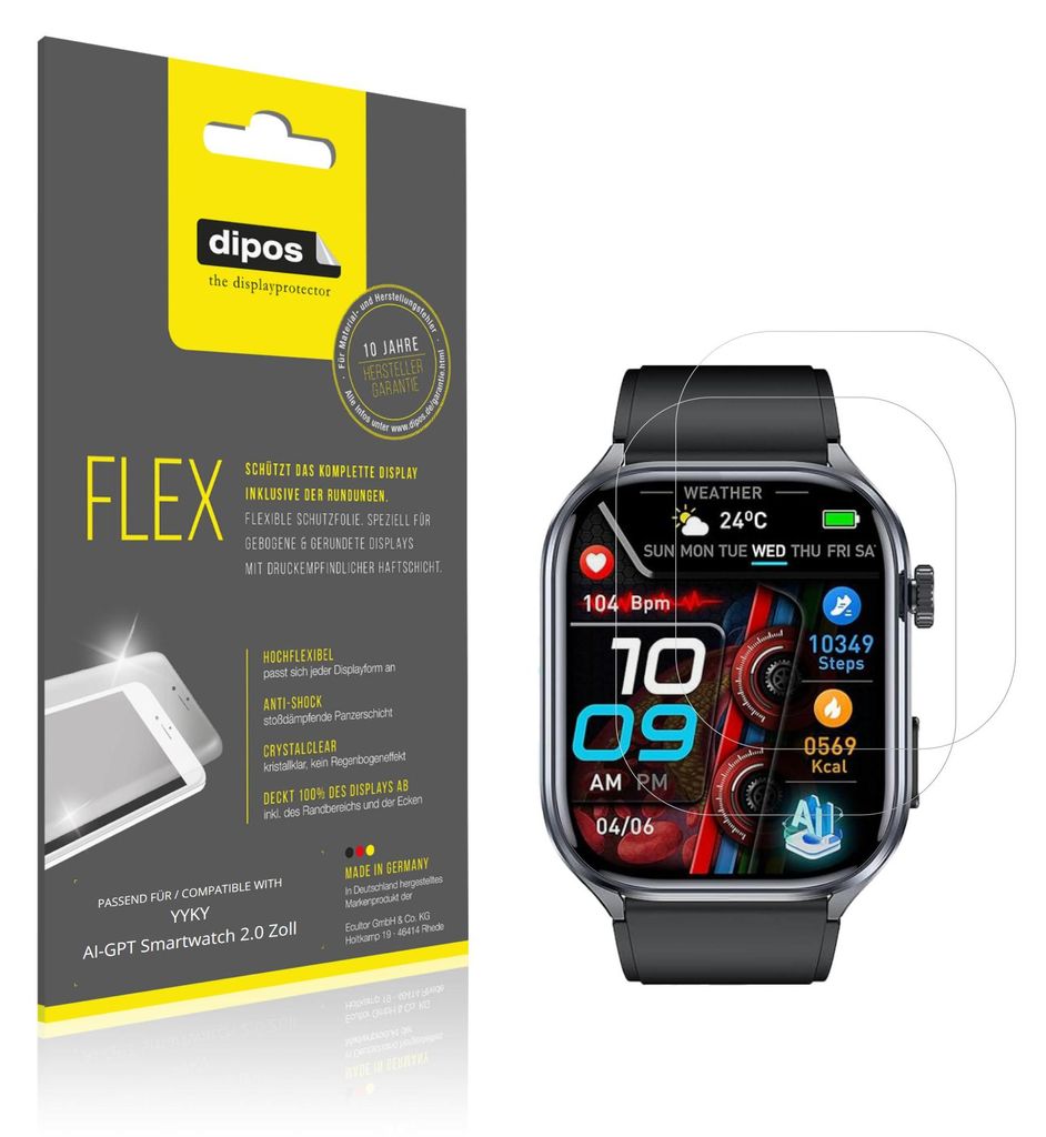 2x Schutzfolie für YYKY AI-GPT Smartwatch 2.0 Zoll Folie, 100% Displayabdeckung, dipos Flex