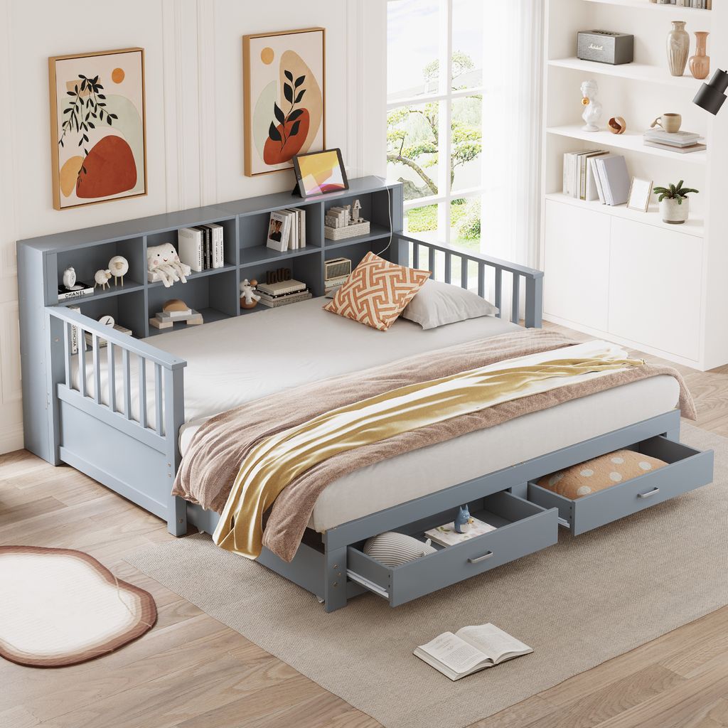 MODFU Schlafsofa 90/180x190 cm,Kinderbett Jugendbett mit Ausziehbett,Multifunktionales Kiefernbett , Doppelbett,Mit 2 Schubladen und Lattenro...