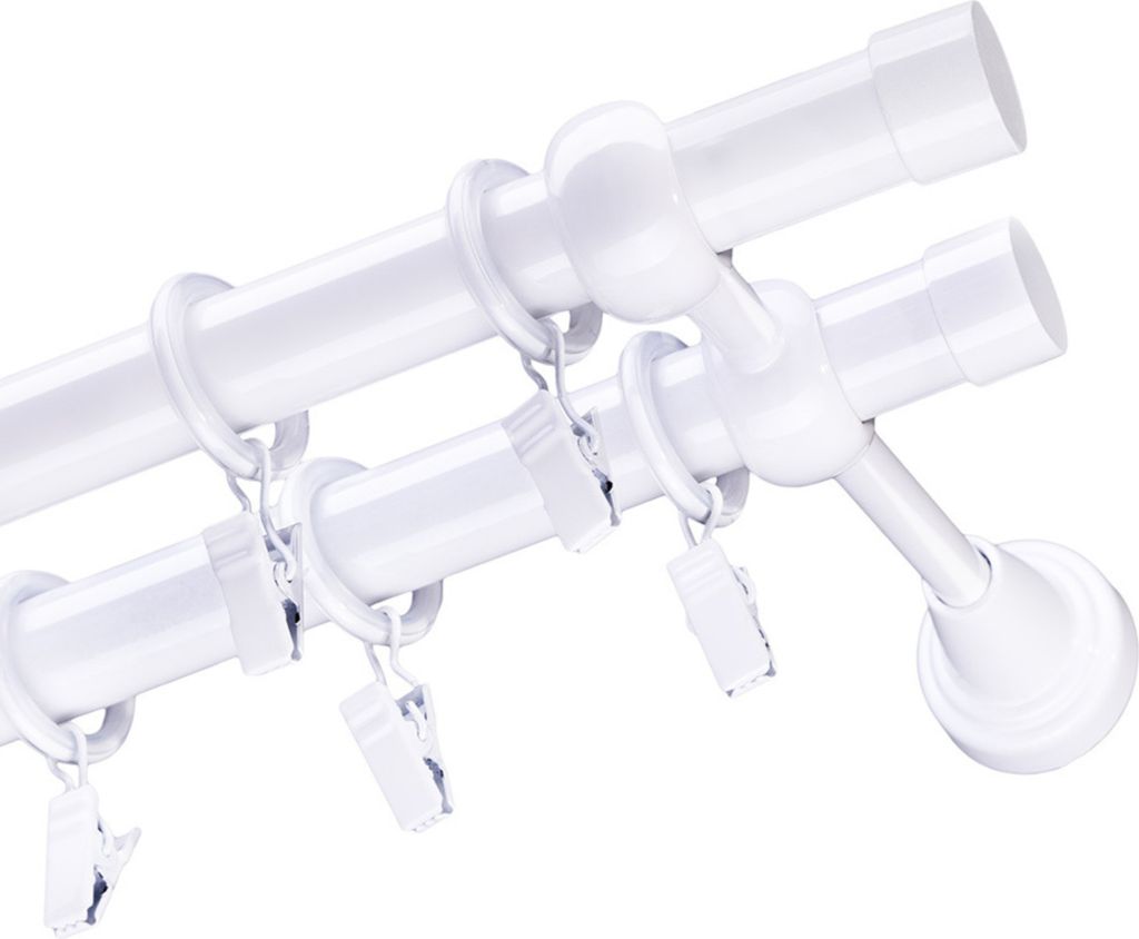 Voppi Gardinenstange Simpla 2-läufig 240 cm 19+19 mm weiß, silent Vorhangringe mit Klammern, moderne Vorhangstange, einfache Wandmontage