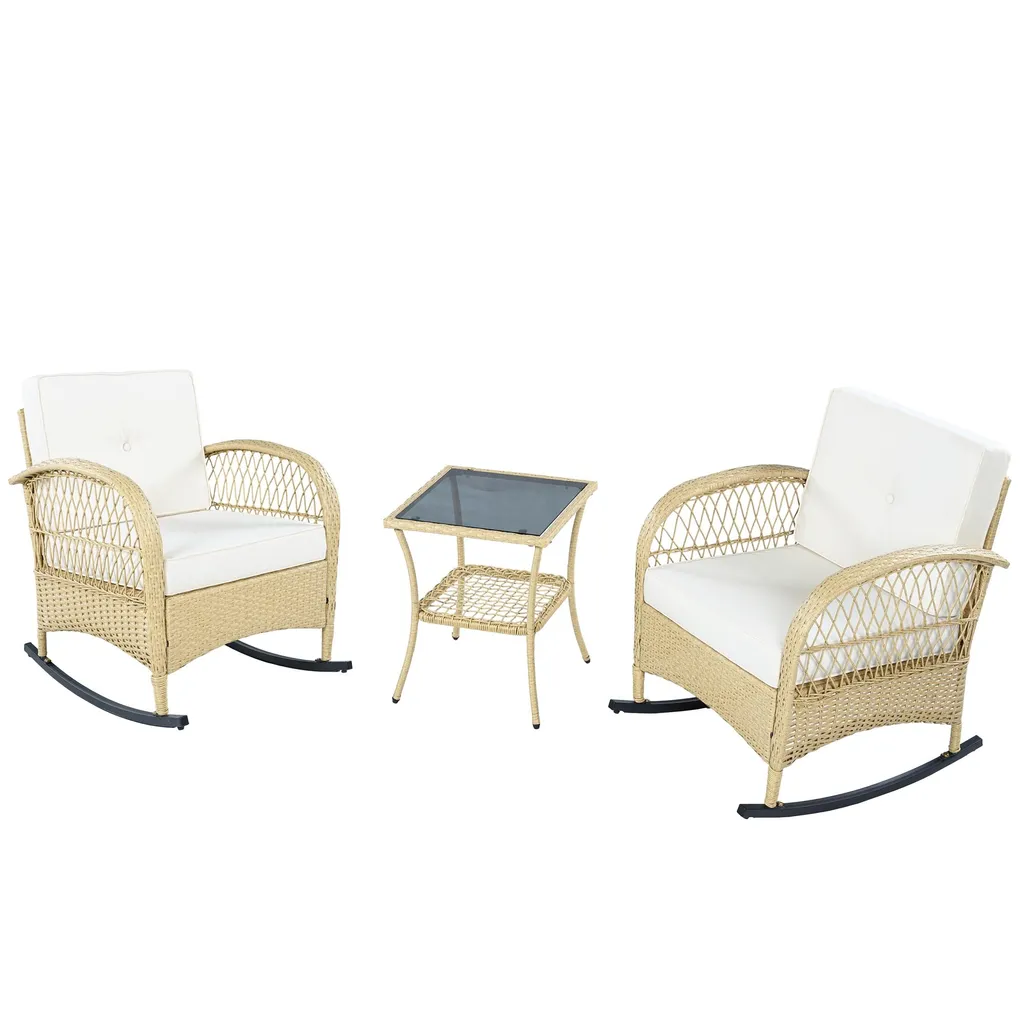 Fauteuil à bascule de balcon en rotin et table basse, coussins beiges - 13