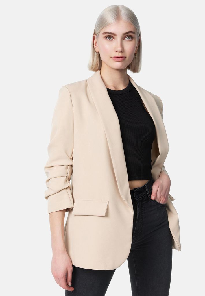 Rayshyne Stylischer Damen Business Blazer mit gerafften Ärmeln im 80ies Look Sakko PM22 Beige Einheitsgröße 34 - 38