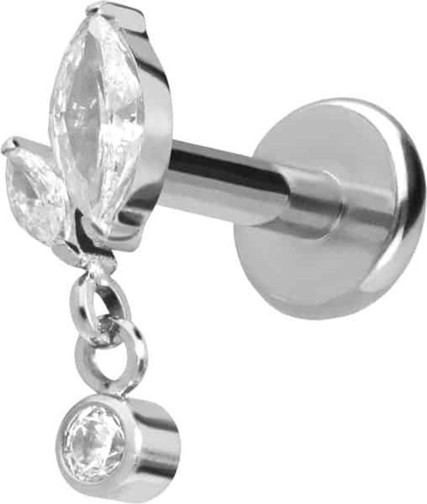 Ohrpiercing, Nasenpiercing Titan Labret mit Push Fit KNOSPE + KRISTALL Silber Stablänge: 9mm | Stabstärke: 1,2mm