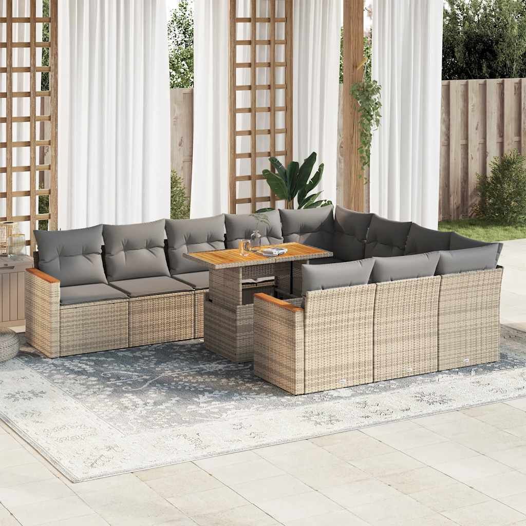 "2026 Promotion" 11-tlg. Garten-Sofagarnitur/Terrassenmöbel - mit Kissen - Beige Poly Rattan Akazie - Gartenmöbelset CC18349