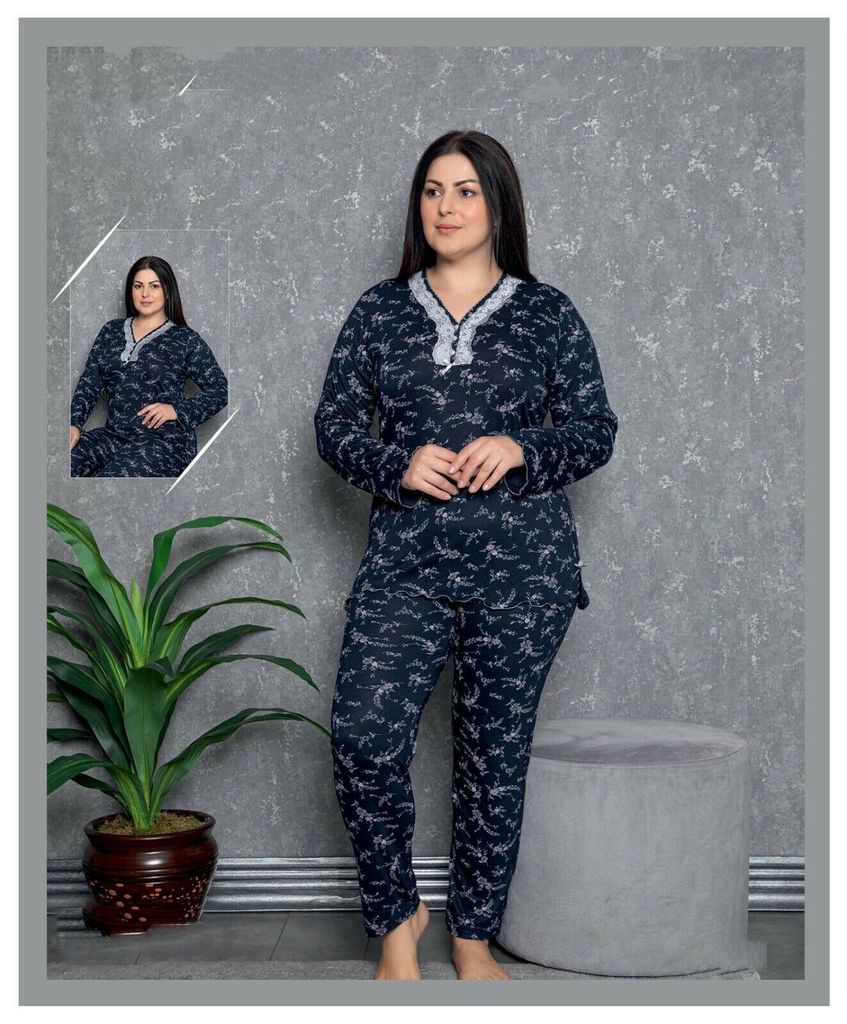 Damen Pyjama Schlafanzug Marineblau XL Lang Viskose Produktbild 