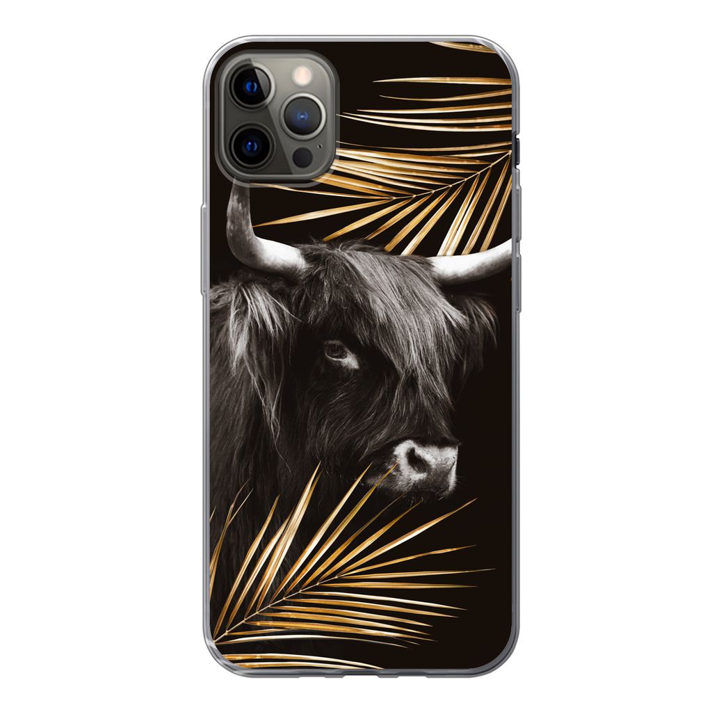MuchoWow Handyhülle Schutzhülle Hülle für iPhone 13 Pro Max Schottischer Highlander - Blätter - Gold Silikon Softcase Handy Hülle - Mobilte...