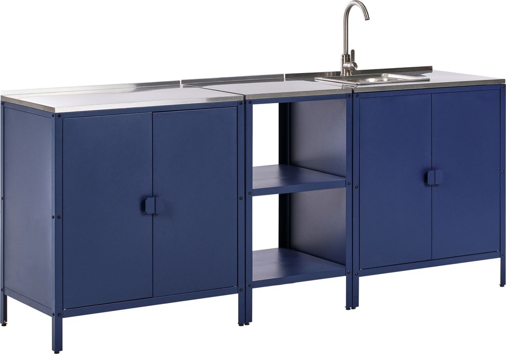 BELIANI Outdoor-Küche Blau Stahl 3er Set mit Spüle Edelstahlplatte Modern für Garten Draußen Ausstattung Outdoor-Küchenmöbel Gartenküche