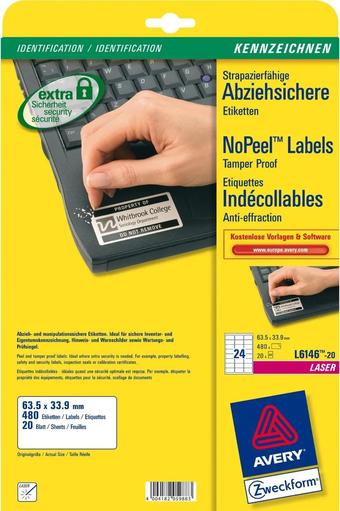 Avery L6146-20 Etichette Antimanomissione 63,5x33,9mm - 480 Pezzi