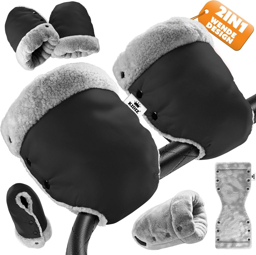 A collage of product images showing black hand warmers with gray plush lining, some attached to a stroller handle, and other views of the product.