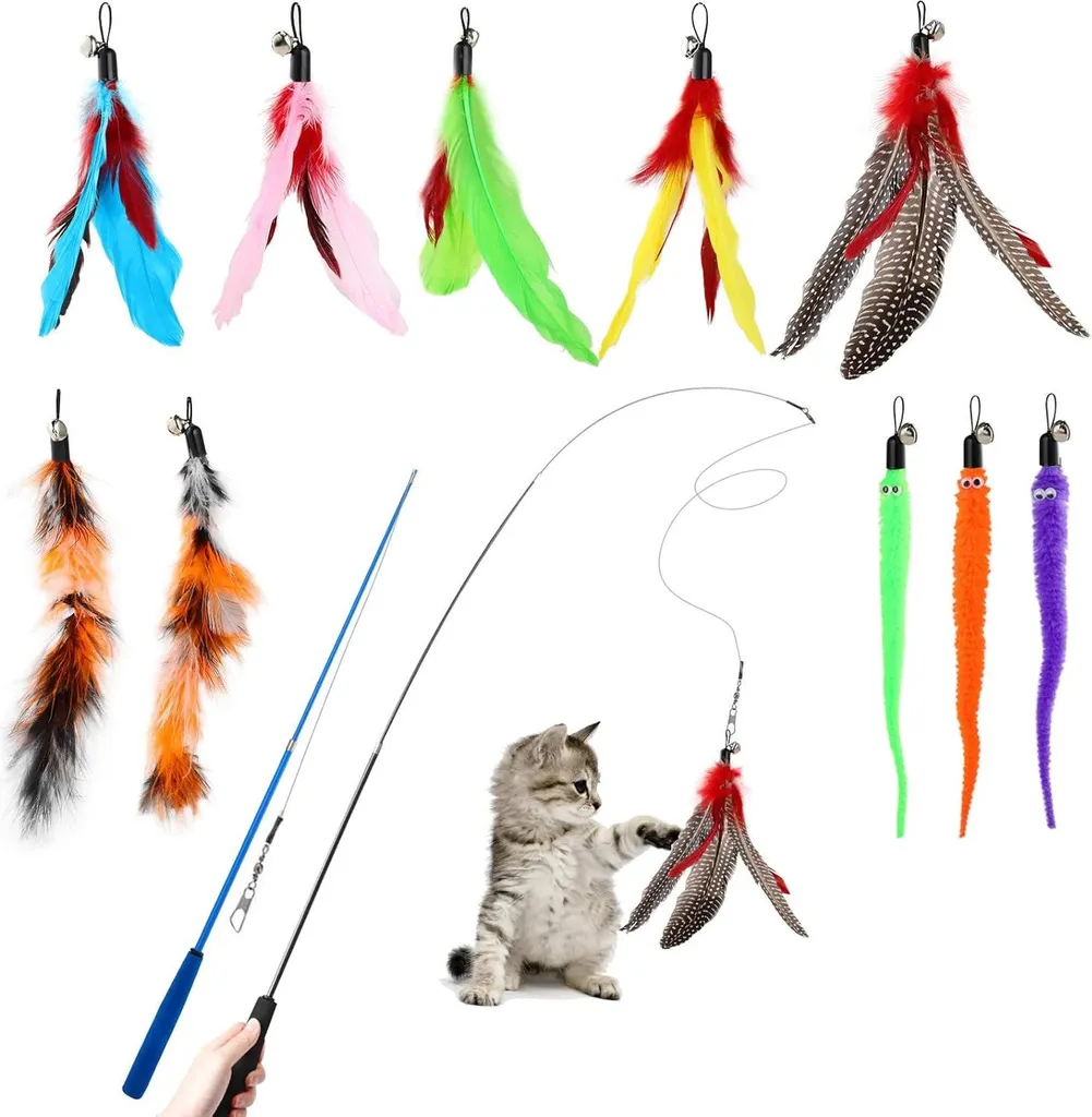 Canne à Pêche pour Chat et 12 Jouets Plume Plage pour Stimuler son Éveil