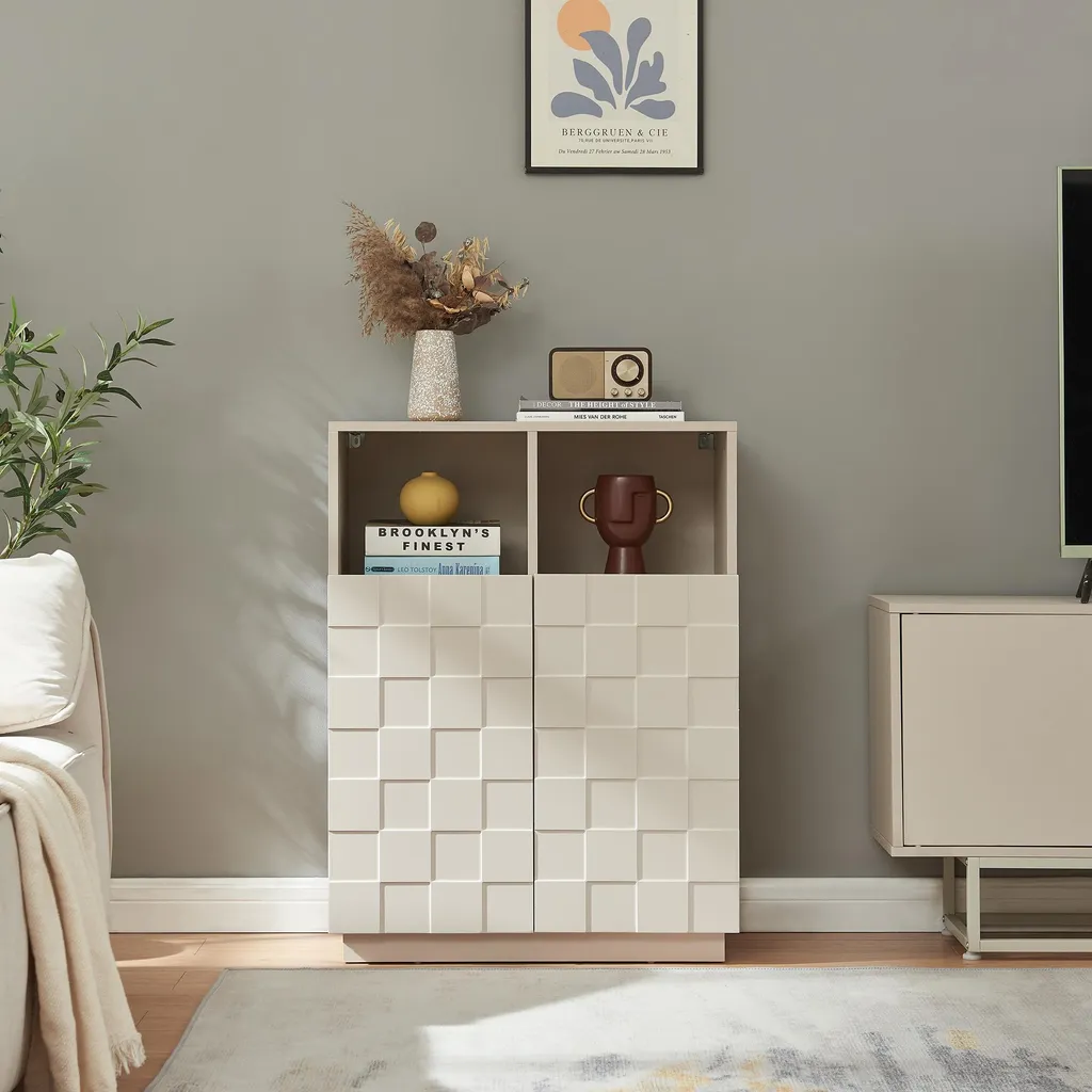 Petit buffet haut de rangement beige 2 portes avec façade texturée 3D - 4