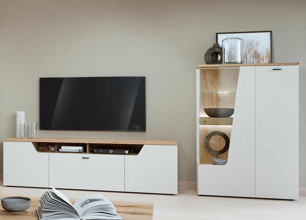 Wohnwand in Kaschmir & Eiche mit Lowboard & Highboard, 2-teilig - CARMONA-129