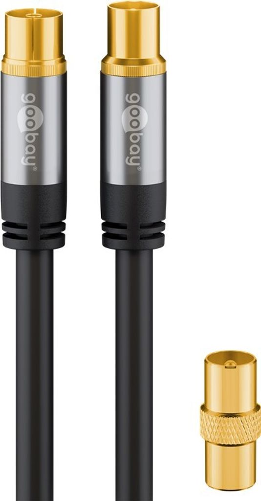 Goobay 70384 TV Antennenkabel (135 dB typ), 4x geschirmt, 5 m, Schwarz - vergoldet, Koax-Buchse > Koax-Stecker
