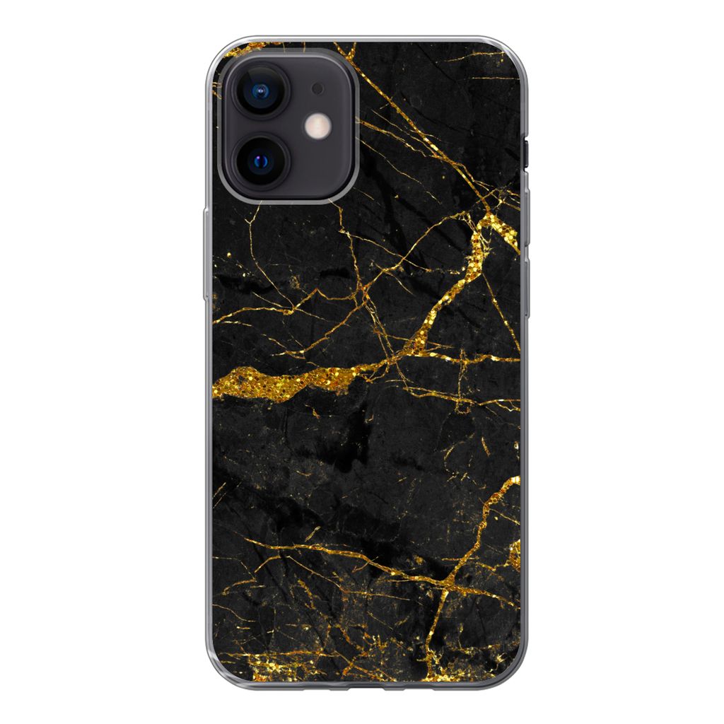 MuchoWow Handyhülle Schutzhülle Hülle für iPhone 12 Marmor - Gold - Schwarz - Marmoroptik - Luxus - Glitzer Silikon Softcase Handy Hülle - S...