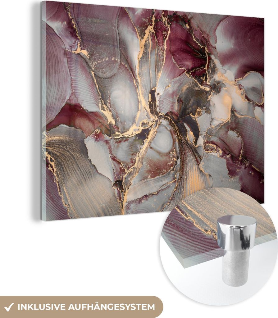 MuchoWow Glasbilder - Bilder auf Wandbild - Foto auf Glas Gold - Marmor - Lila 40x30 cm Wanddekoration aus Glas - Acrylglasbild - Acrylbilder - Bil...