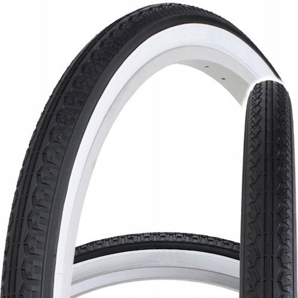 Two bicycle tires are shown against a white background. One tire is in the foreground, arching over the second tire which is in the background.