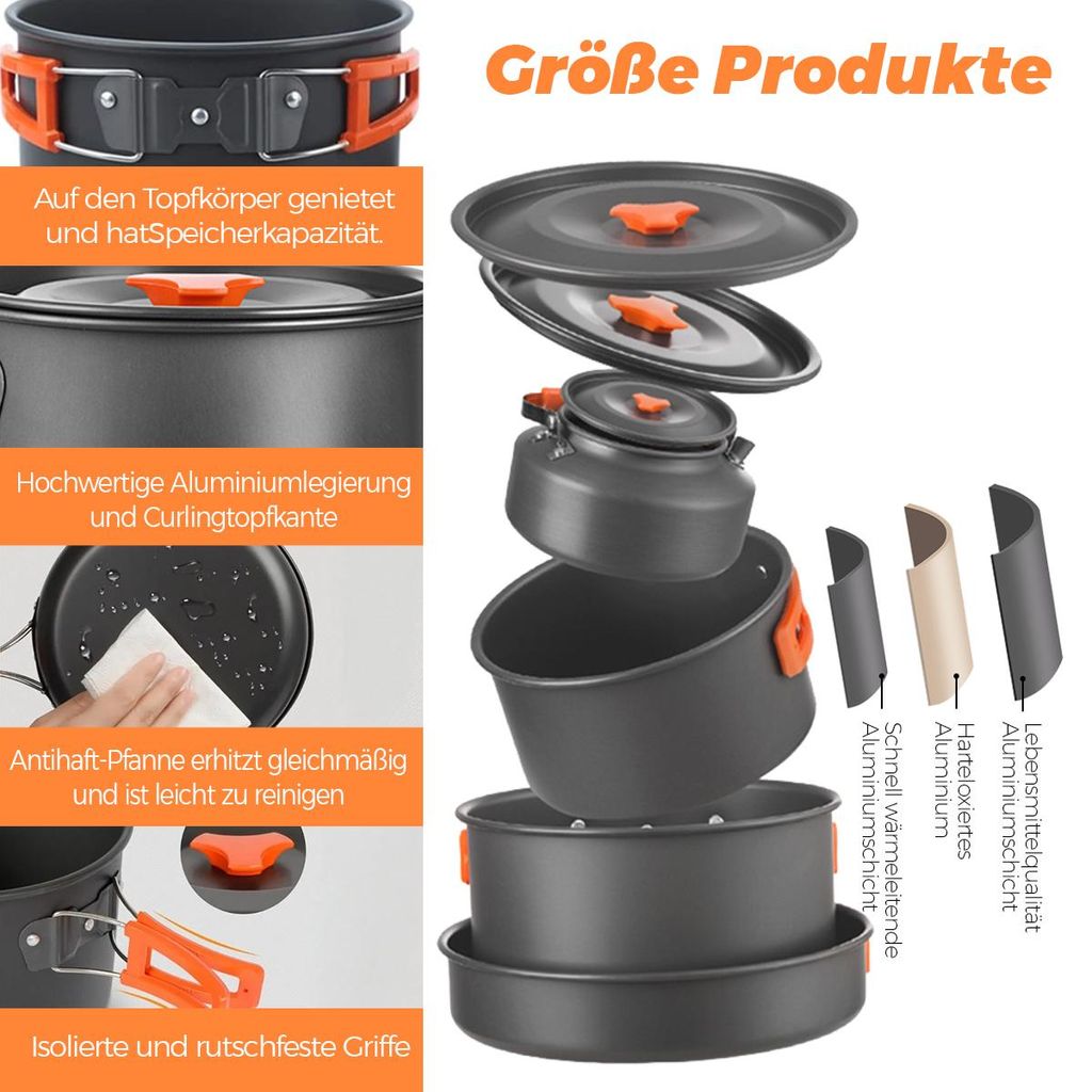 Camping Topf-Sets 16-teilig aus Aluminium, Outdoor