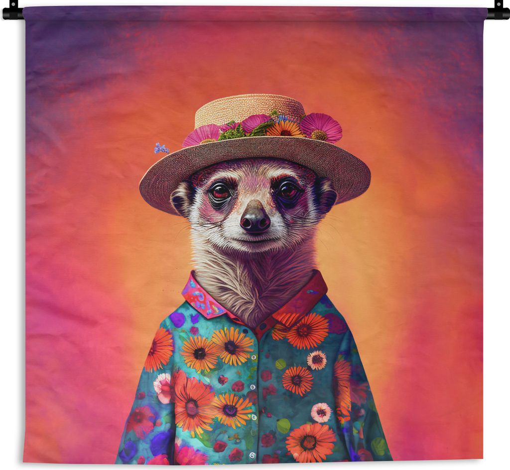 MuchoWow Wandteppich Wandbehang Erdmännchen - Blumen - Hut - Tiere - Porträt 150x150 cm Tapisserie Dekoration Wandtuch - Wohnaccessoires - Mode...