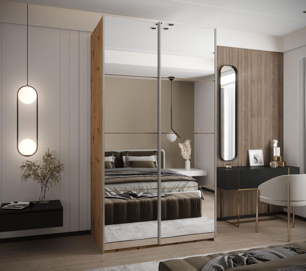 Zweitüriger Kleiderschrank SAMARA 2 – 130 cm, Eiche handwerklich / Silber