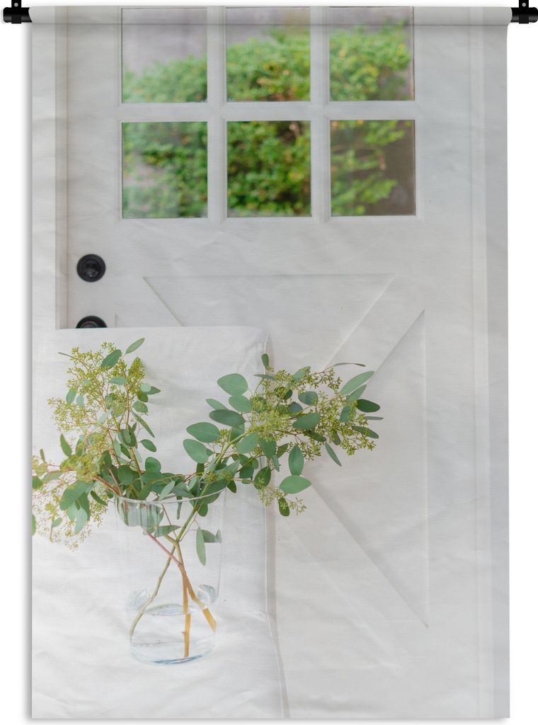 MuchoWow Wandteppich Wandbehang Eukalyptuszweige in einer Vase auf der Küchentheke 60x90 cm Tapisserie Dekoration Wandtuch - Foto-Teppich - Abwa...