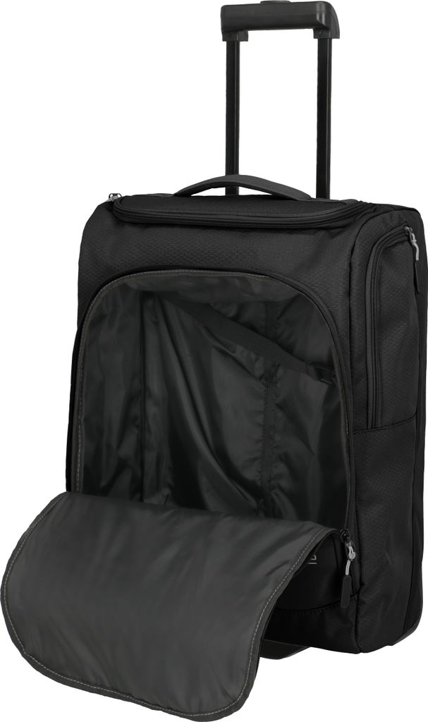 A black rolling travel bag with its main compartment open.