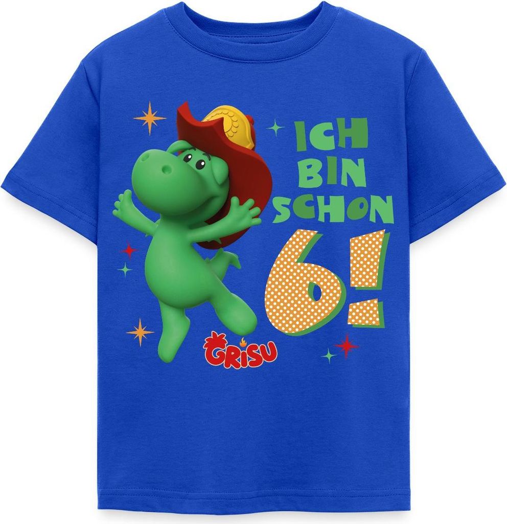 Spreadshirt Grisu Der Kleine Drache Geburtstagsdesign 6 Jahre Kinder T-Shirt, 122/128 (7-8 Jahre), Royalblau