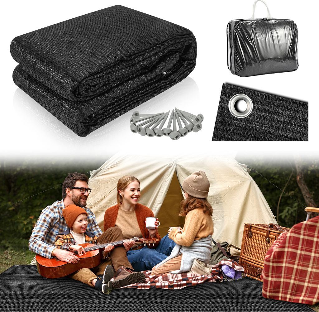TolleTour Vorzeltteppich 250x500cm Zeltteppiche mit 13 Nagel und 12 Löchern Camping teppich HDPE Zeltunterlage, Schwarz