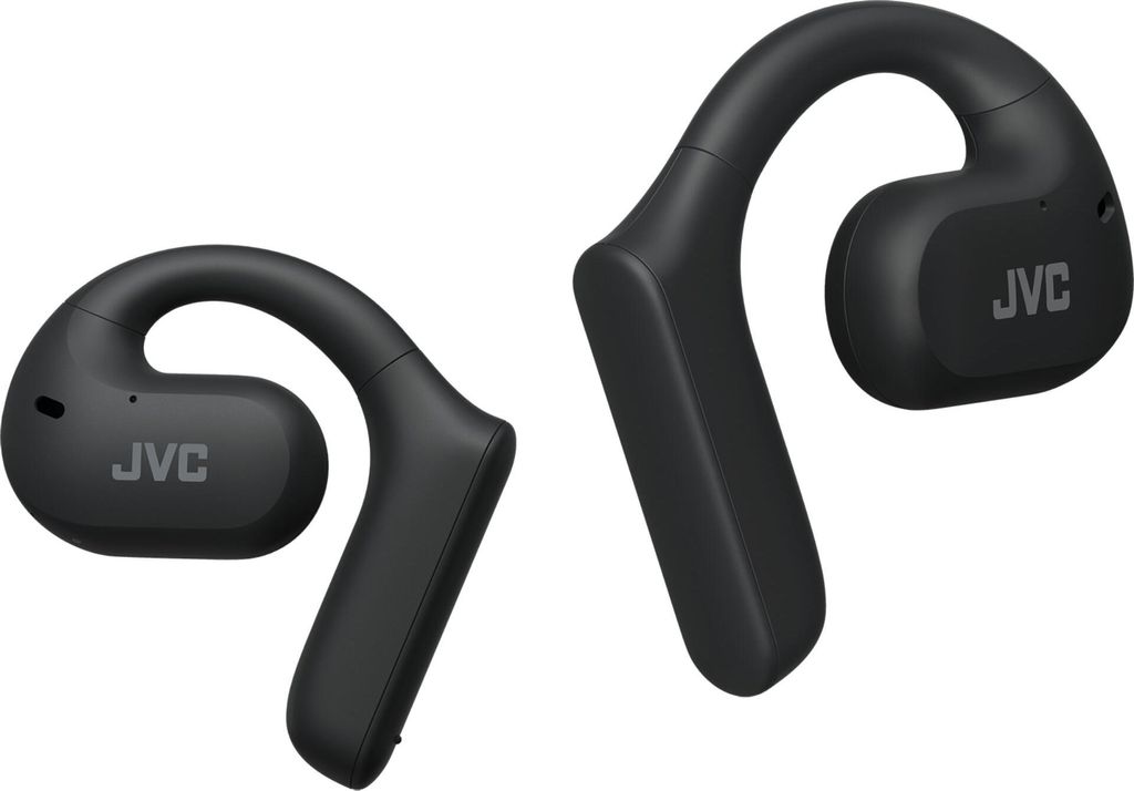 A pair of black JVC wireless sport headphones are shown against a white background.