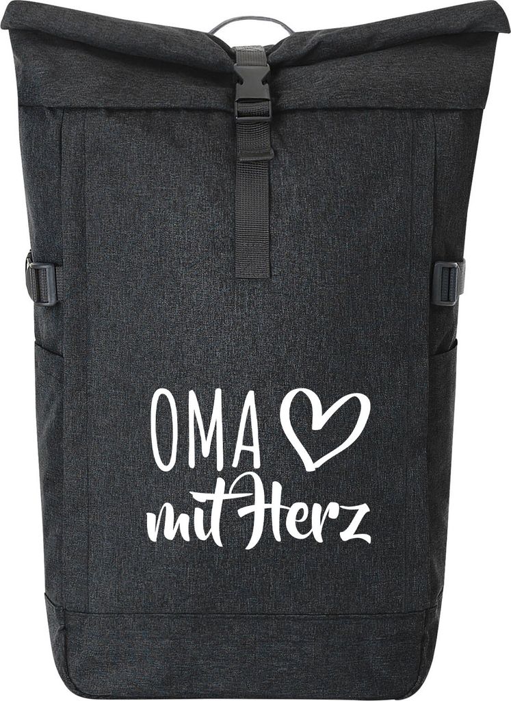 Huuraa Kurierrucksack Oma mit Herz 30-44 Liter Black Melange Fairtrade Rolltop Rucksack Geschenkidee