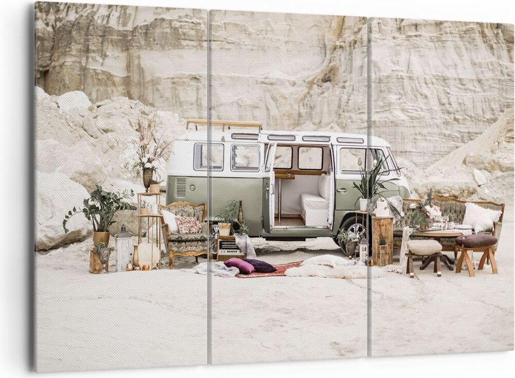 Bild auf Leinwand - Leinwandbild - 3 Teile - Wohnmobil Boho Möbel - 165x110cm - Wand Bild - Wanddeko - Wandbilder - Leinwanddruck - Bilder - Wandd...