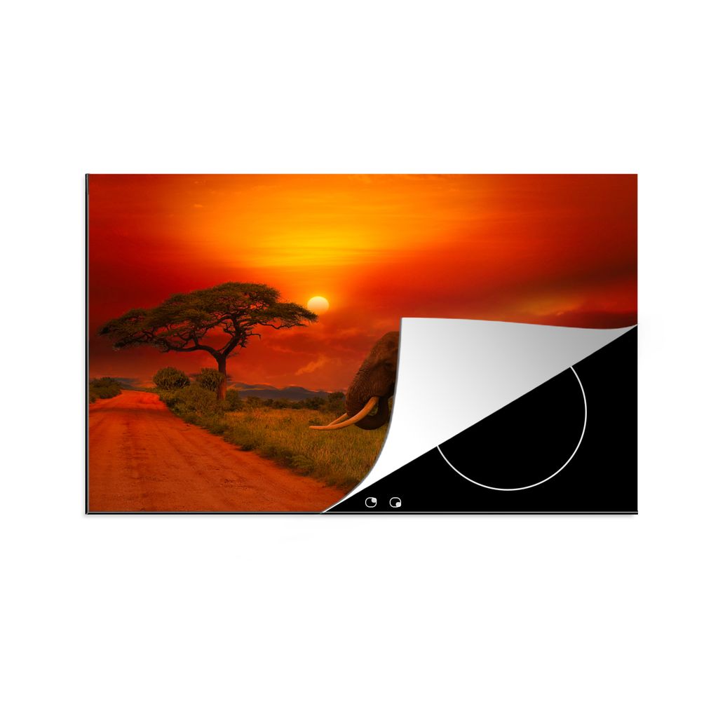 KitchenYeah Herdabdeckplatte Elefant - Sonnenuntergang - Orange - Savanne - Tiere , 81x52cm, Küche Deko, Glaskeramikkochfeld Herdabdeckung, Abde...