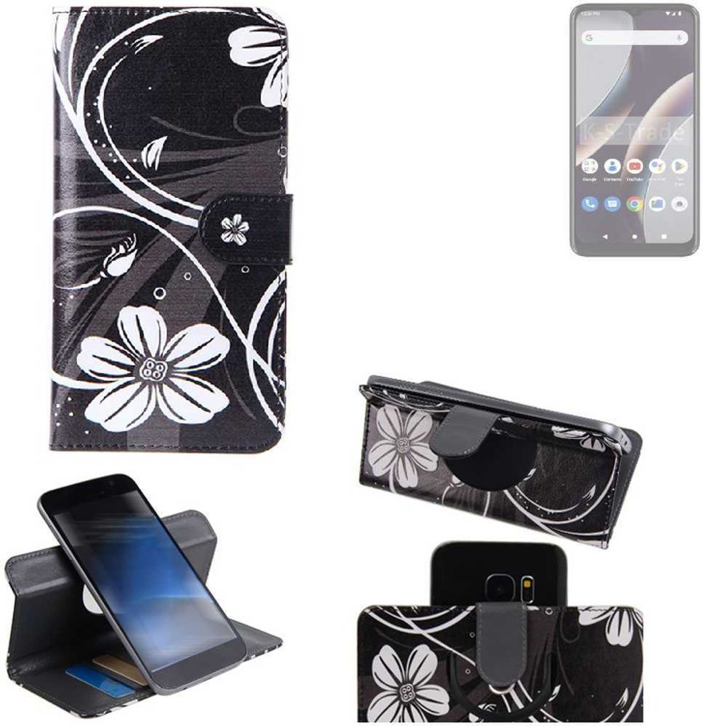K-S-Trade Schutzhülle Handyhülle kompatibel mit BLU G53 Hülle 360° Wallet Case “Flowers“ Klapphülle Hülle schwarz-weiß 1x