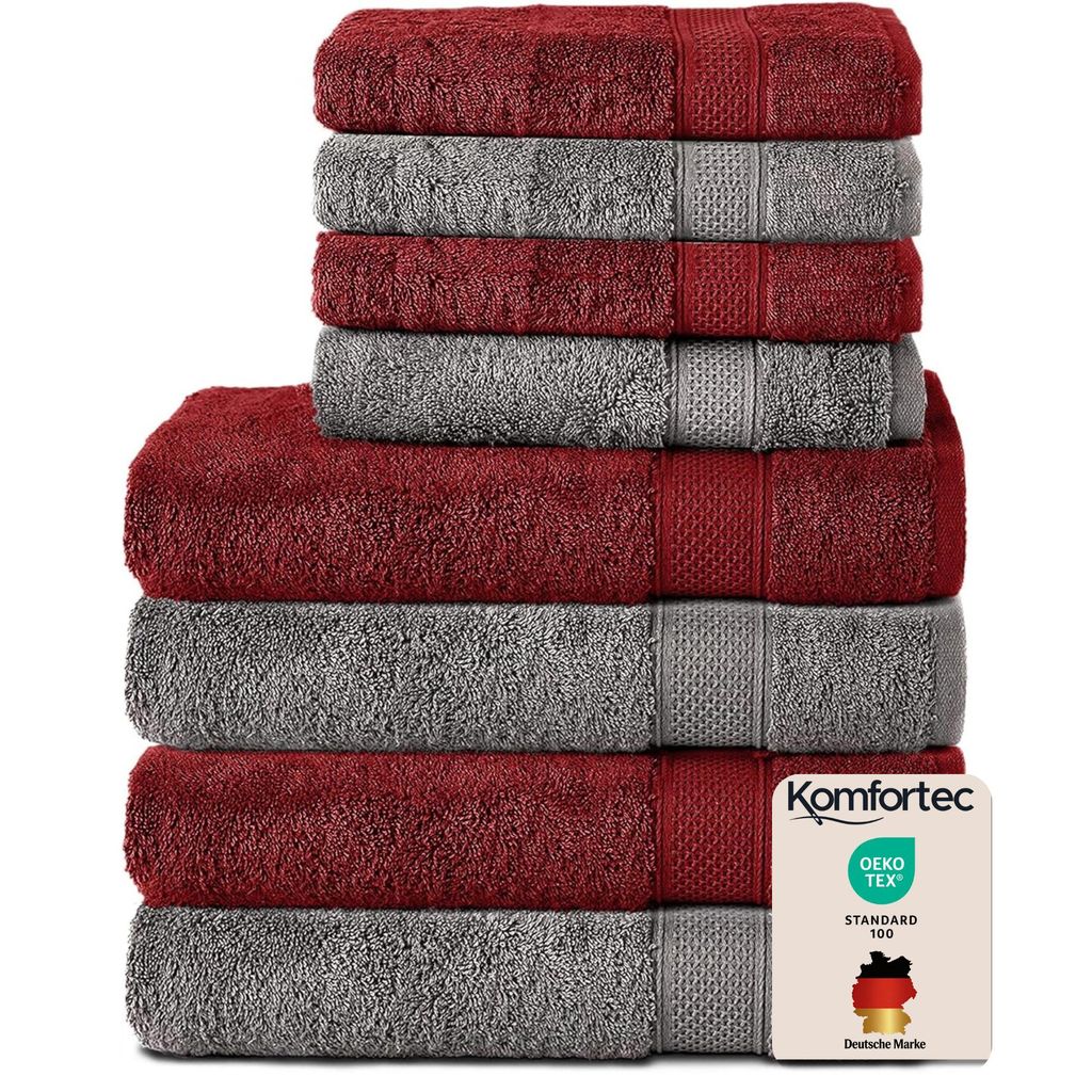 Komfortec 8er Handtuch Set aus 100% Baumwolle, 4 Badetücher 70x140 und 4 Handtücher 50x100 cm, Frottee , Weich,Groß, Anthrazit / Aurorarot