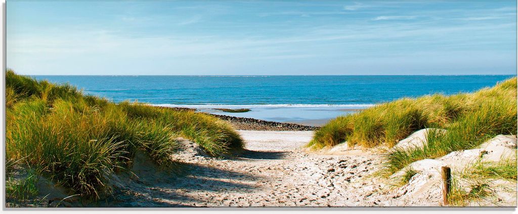ARTland Glasbild Strand mit Sanddünen und Weg zur See Größe: 125x50 cm