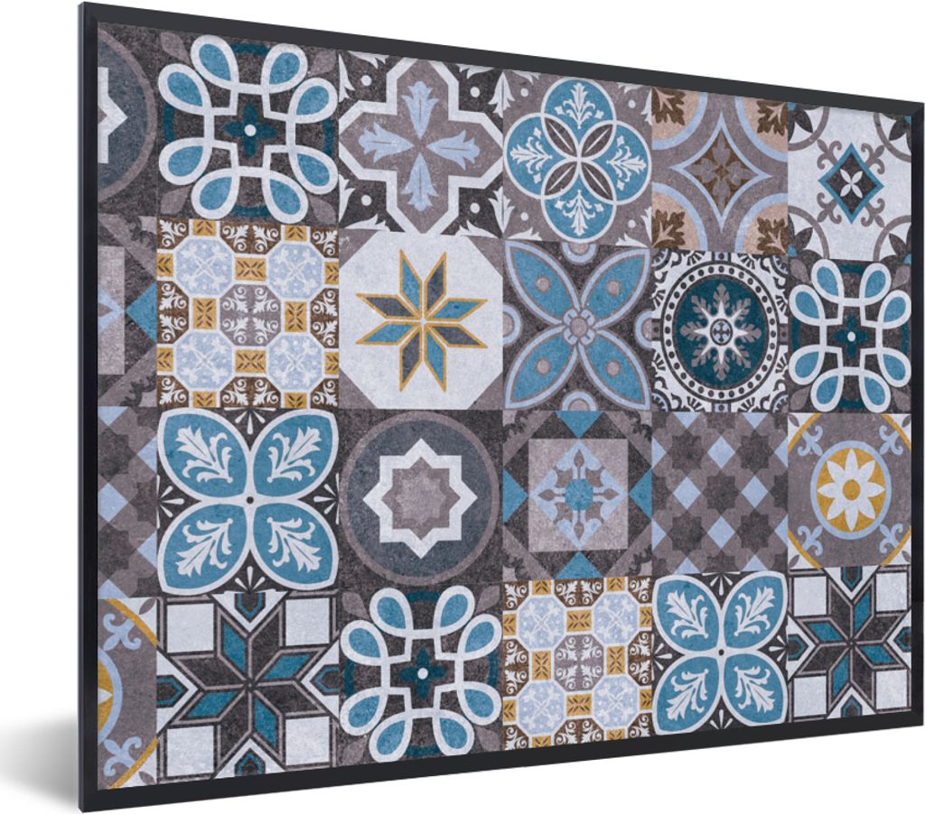 MuchoWow Gerahmtes Poster Blumen - Muster - Blau - Braun 80x60 cm - Poster mit Schwarzem Bilderrahmen Wandposter Rahmen Foto Bilder - Schwarzem -...
