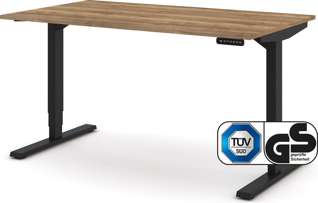ASSMANN Elektrisch höhenverstellbarer Schreibtisch Y-Line Eiche Tabak Schwarz, 140x80cm, Memoryfunktion, Kollisionsschutz, 2-fach-Motorik