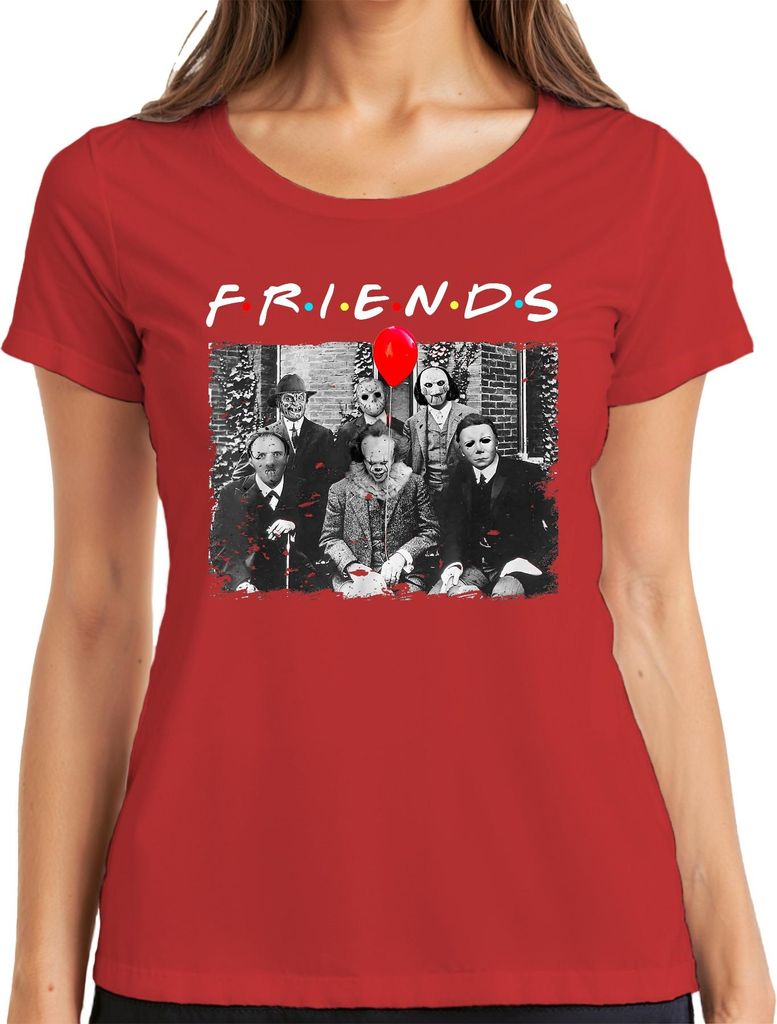Horror Freunde Parodie Halloween Masken Pennywise Jason Michael Damen T-Shirt, Rot, S