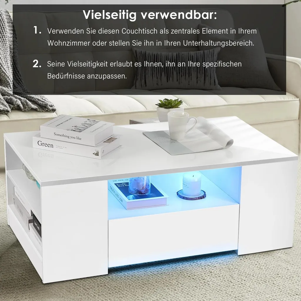 Table basse blanche brillante LED - Solution de rangement salon 2 tiroirs - 11