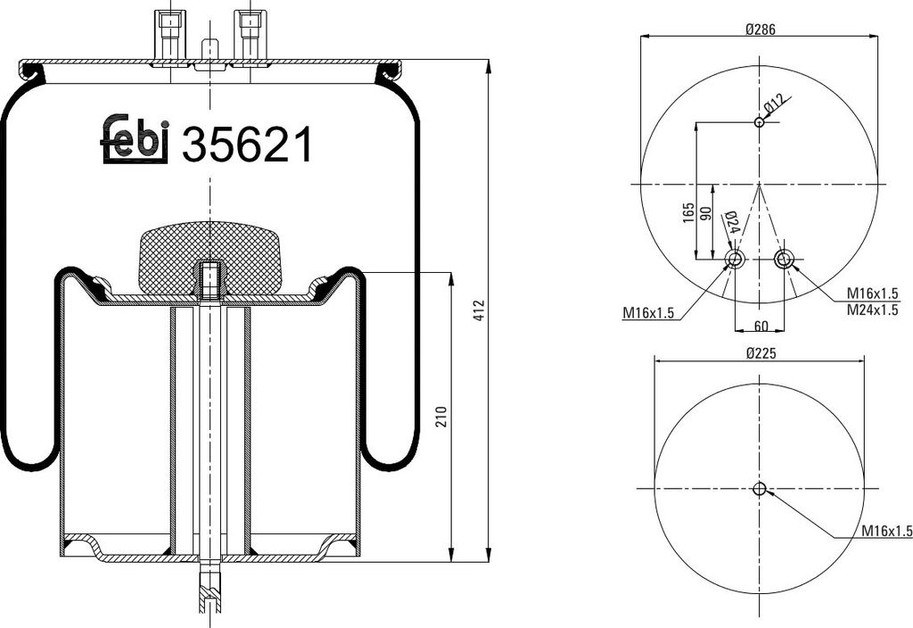 FEBI BILSTEIN Luftfederbalg 35621 Hinten Links Hinten Rechts für RENAULT TRUCKS G 412mm 286 225mm