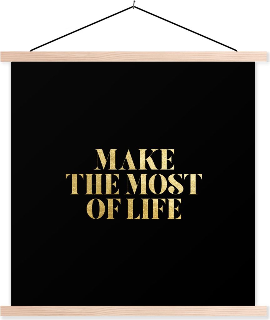 MuchoWow Textilposter Zitat - Leben - Gold - Schwarz 120x120 cm mit holzfarbenen Rahmen - Textil-Poster