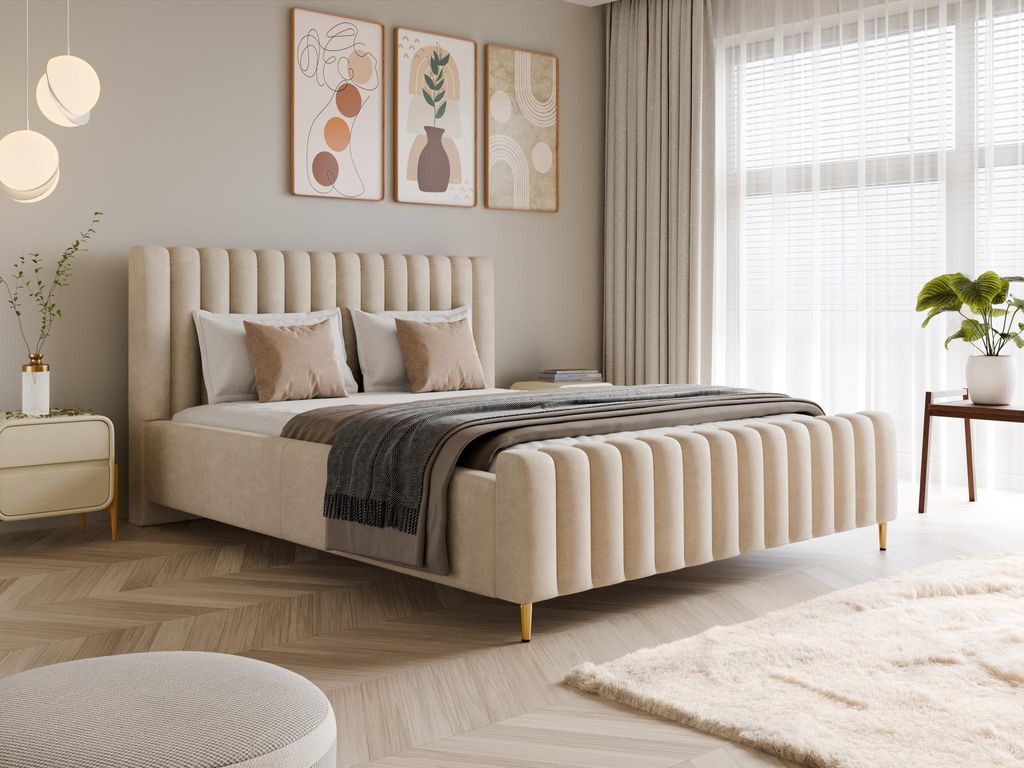 Polsterbett 140x200 mit Bettkasten & Metallrahmen LUX Amon Samt Beige inkl. Lattenrost Gasdruckfeder (Ohne Matratze)
