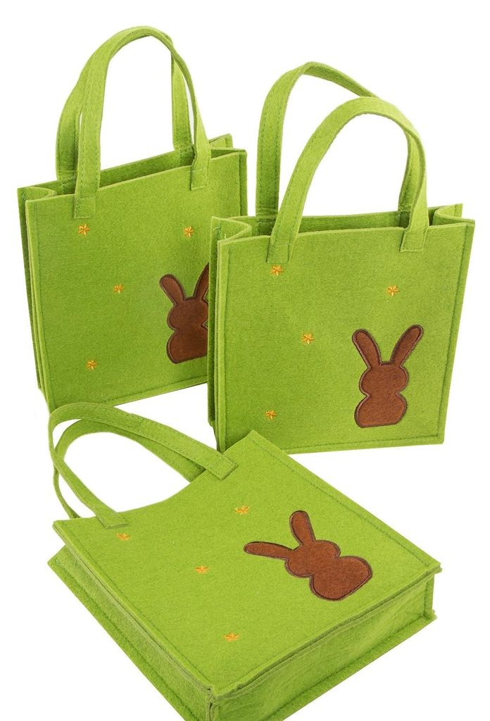 3 Ostertüten aus Filz - grüne Henkeltaschen mit Osterhase als Verpackung