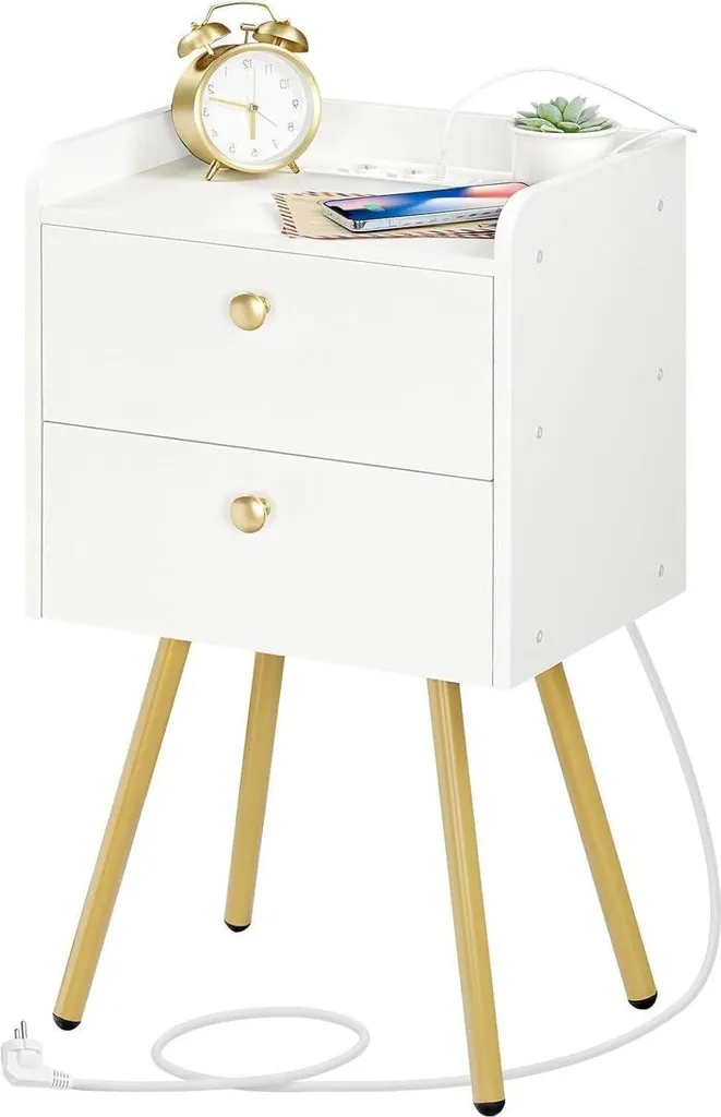 Chevet moderne blanc et or avec tiroirs et prise USB - Style Art Déco