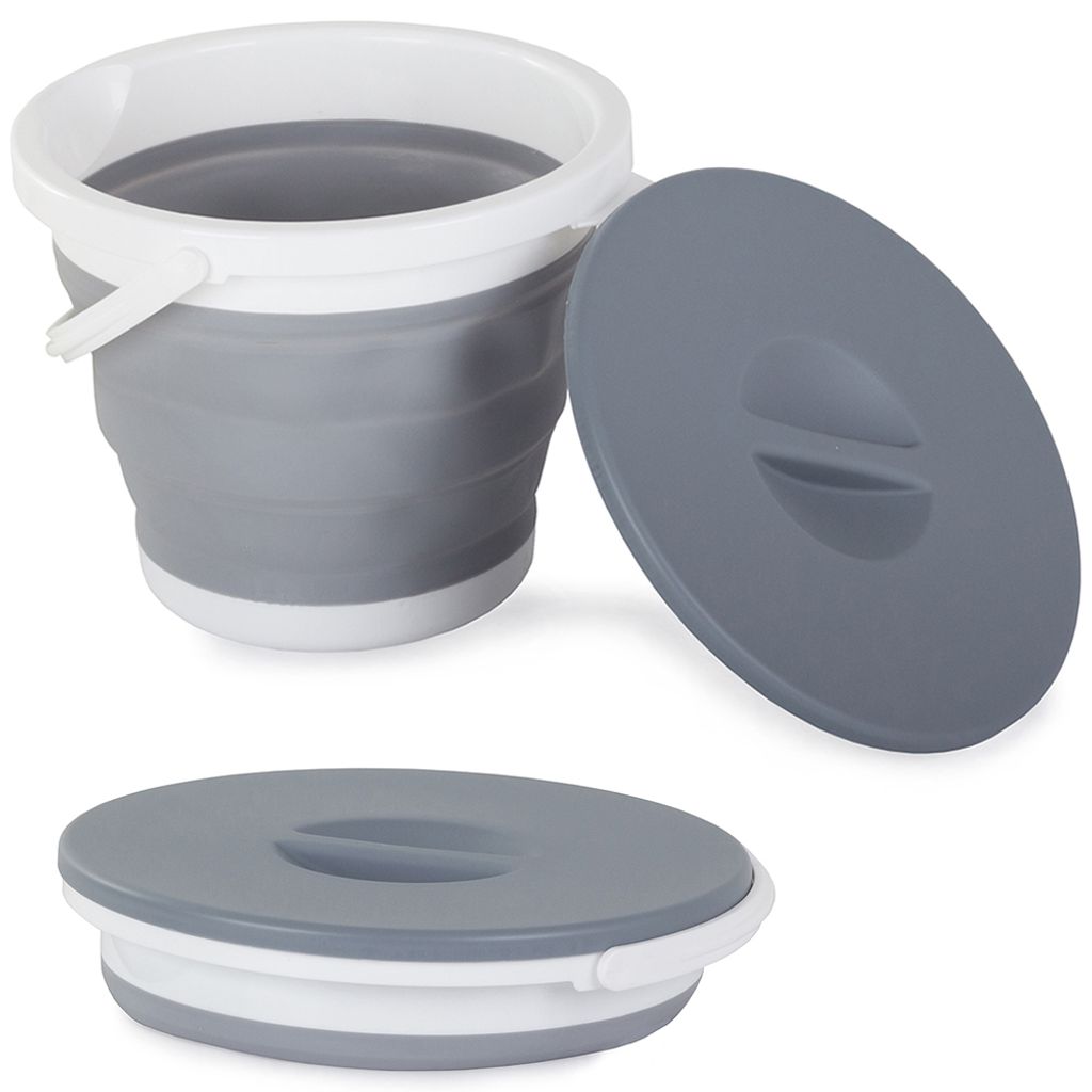 Collage of a collapsible bucket and its lid.