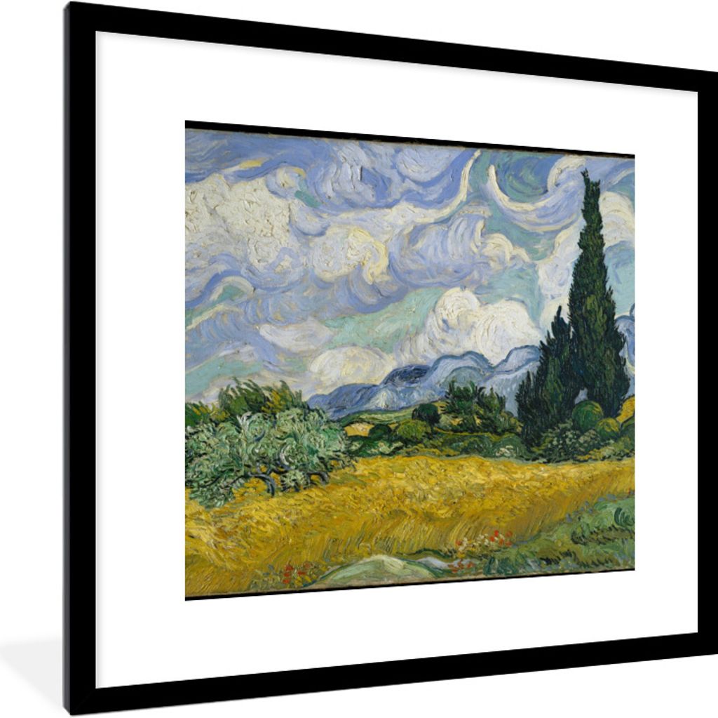 MuchoWow Gerahmtes Poster Weizenfeld mit Zypressen - Vincent van Gogh 40x40 cm - Poster mit Schwarzem Bilderrahmen Wandposter Rahmen Foto Bilder ...